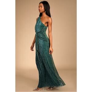 Lulus Glamorous Glitz Shiny Teal Green Metallic One Shoulder Maxi Sz Medium